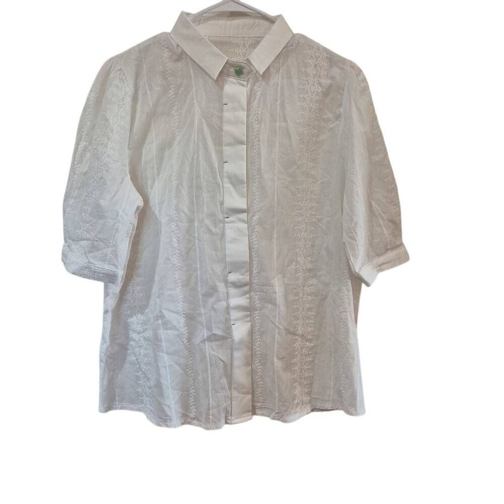 Women's White Polyester Button Front 3/4 Sleeve Embroidered Top